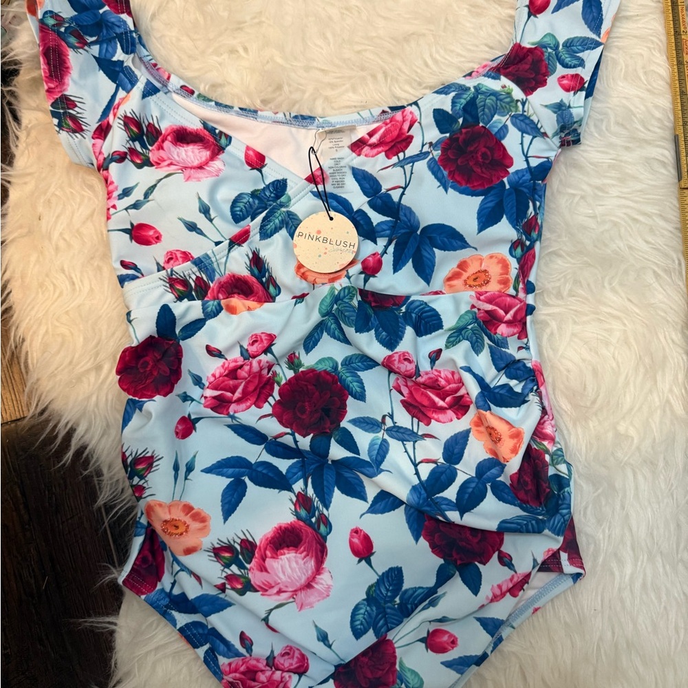 Pinkblush floral off the shoulder maternity one piece ruched swimsuit - Picture 3 of 7